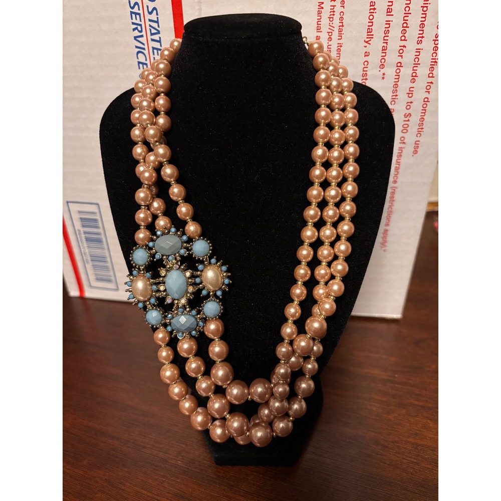 Champagne Faux Pearl Triple Strand Statement Necklace Blue Rhinestone Accent